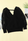 Black Sexy V Neck Surplice Hollow-out Sweater with Lace Sleeves