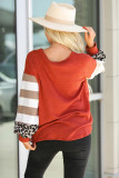 Red V Neck Leopard Stripe Splice Lantern Sleeve Top