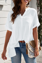 White Plaid Print Loose V Neck Short Sleeve Shirt with Slits