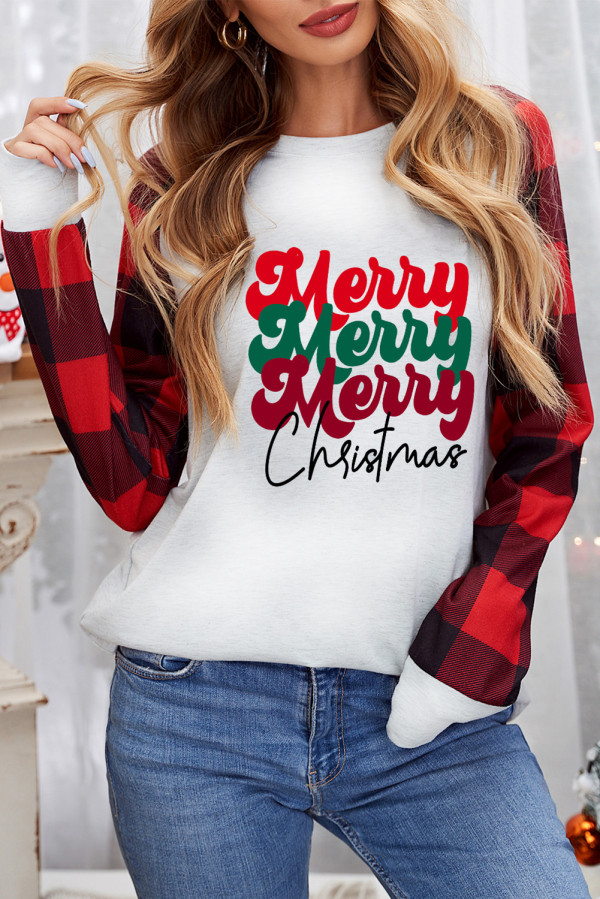 Merry Christmas Letter Print Plaid Long Sleeve Shirt