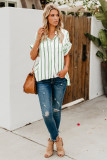 Green Striped Short Sleeve Buttoned Pocket Shirt