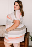Striped Print Drawstring Short Sleeve Plus Size Dress