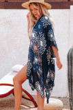 Blue Pattern Print Open Front Kimono with Side Slit