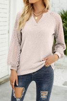 Lace Crochet Sleeves V Neck Waffle Knit Top