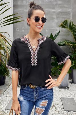 Black Boho Floral V Neck Casual Blouse