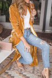 Yellow Velvet Open Front Pocketed Long Cardigan