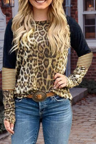 Leopard Striped Splicing Long Sleeve Tee