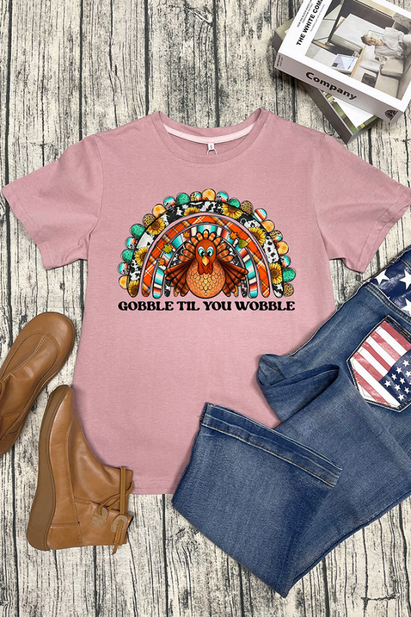 Thanksgiving Turkey Rainbow Printed Graphic Tees for Women UNISHE Wholesale Short Sleeve T shirts Top