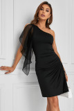 One Shoulder Mesh Side Shirring Sleeveless Mini Dress