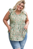 Green Floral Flutter Shoulder Plus Size Tank Top