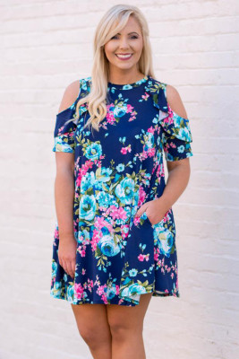 Blue Floral Plus Size Cold Shoulder Ruffle Pocket Mini Dress