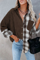 Brown Plaid Color Block Button-up Oversize Corduroy Shirt