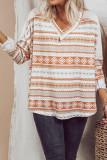 Orange Geometric Print V Neck Long Sleeve Top