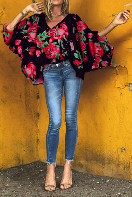 V Neck Floral Loose Cover Up Top