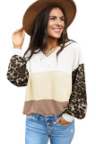 Apricot Wild Leopard Contrast Sleeve Colorblock Waffle Knit Top