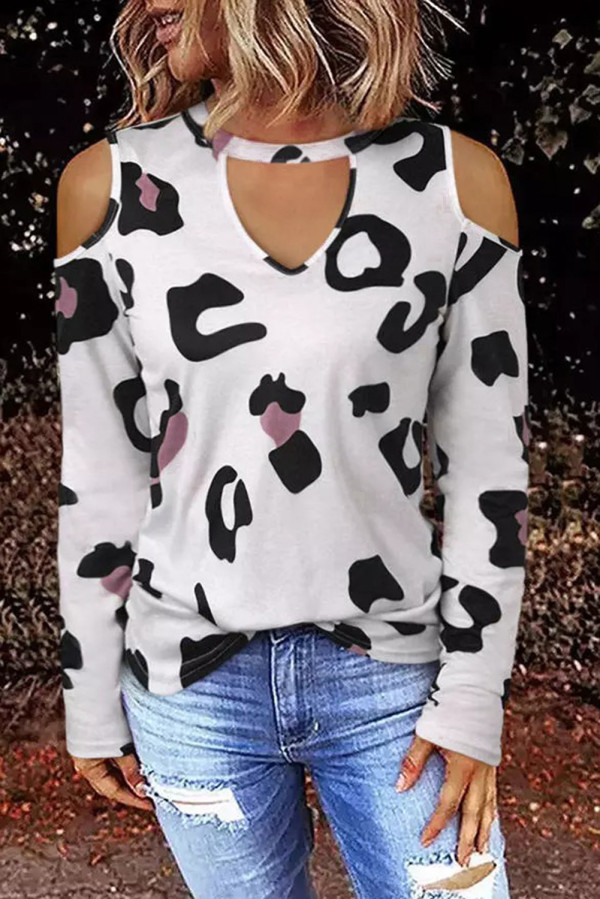 Leopard Hollow Out Cold Shoulder Blouse
