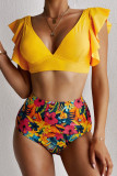 Yellow Floral Ruffled Hem High Waist Bikini Set