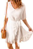 White Swiss Dot Ruffle Hem Short Dress