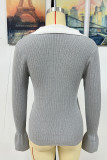 Color Block Lapel Collar Flare Sleeves Knit Top