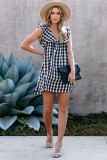 Black Plaid Ruffle V Neck Pocketed Babydoll Mini Dress