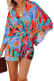 Multicolor Floral Print V Neck Kimono Sleeve Romper