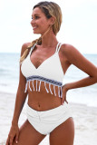 White Strappy Tassel Bowknot Back High Waist Bikini