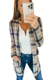 Khaki Plaid Pockets Open Front Cardigan