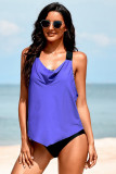 Purple Cowl Neck Splicing Tank and Panty Tankini Set