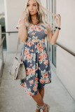 Gray Floral Print Short Sleeve Pleated Mini Dress