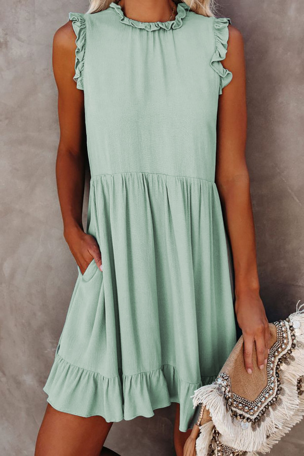 Green Pocketed Ruffle Babydoll Dress