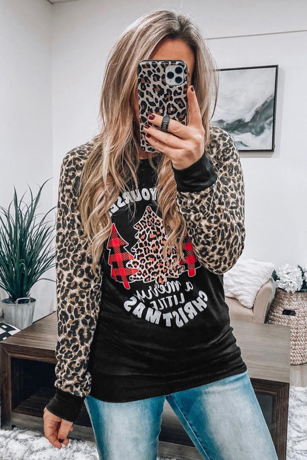 Black Leopard Sleeves Christmas Tree Print Top