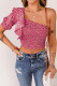 Pink Floral Print Shirred Ruffled One Shoulder Crop Top