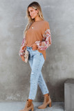 Orange Paisley Contrast Bubble Sleeve Ribbed Top