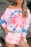 Pink Tie Dye Printed Long Sleeve Tops and Shorts Pajamas Set
