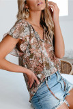 Khaki V-neck Short Sleeve Fashion Print Fantasy Fluttering Blouse