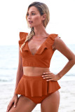 Orange Open Back Ruched Halter Top Shorts Tankini Set