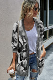 Grey Camouflage Long Cardigan With Pockets