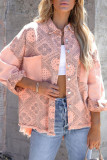 Pink Geometric Print Ripped Shirt Jacket with Pockets