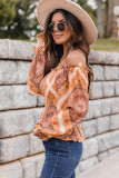 Orange Printed Ruffled Smocked Off Shoulder Blouse