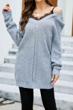 Lace Attached V Neck Long Pullover Sweaters