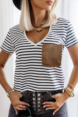 Stripe Pocket Sequins V-neck Short Sleeve Top
