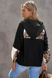Black Leopard Print Contrast Stitching Hoodie