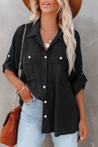 Black Solid Pocket Long Sleeve Button-up Shirt