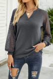 Lace Crochet Sleeves V Neck Waffle Knit Top