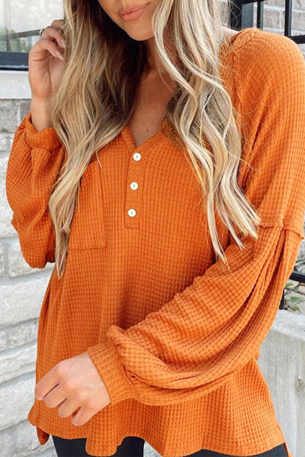 Orange Buttoned V Neck Drop Shoulder Waffle Knit Top