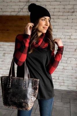 Black Cowl Neck Plaid Splice Casual Long Sleeve Top