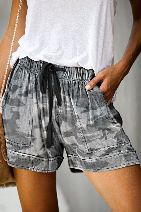 Camouflague Print Drawstring Casual Elastic Waist Pocketed Shorts