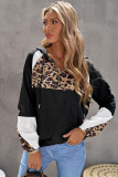 Black Leopard Print Contrast Stitching Hoodie