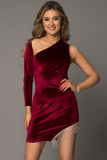 Burgundy Fringe One Shoulder Long Sleeve Mini Dress