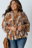 Apricot Turn-down Neck Mixed Print Plus Size Shirt
